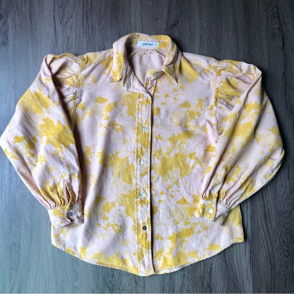 Self Contrast Blouse Women’s XS Pink Yellow Linen Blend Puff Sleeve Button Shirt - Picture 1 of 8